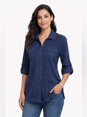 croft & barrow Navy Button-Front Lace Detail Shirt